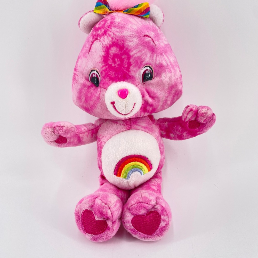 Care Bears Cheer Bear Plush 2007 Pink Tie Dye Rainbow Bow 10 inch Toy